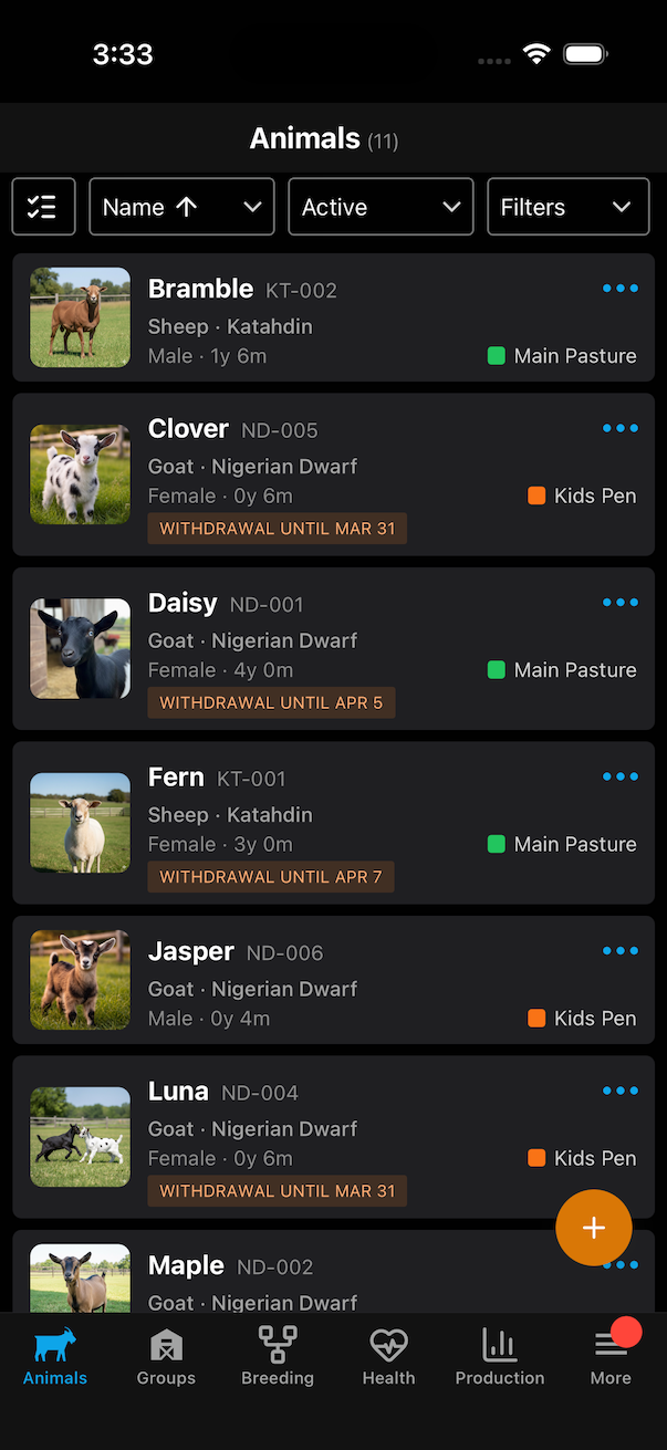 Animal list view with species filters