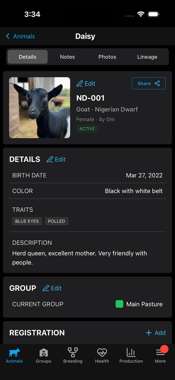 Detailed animal profile with breed, traits, and health info