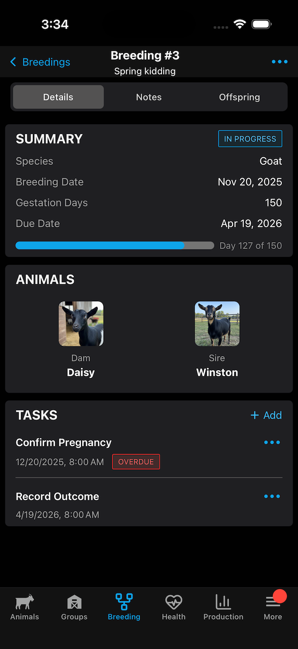 Breeding detail with milestone timeline