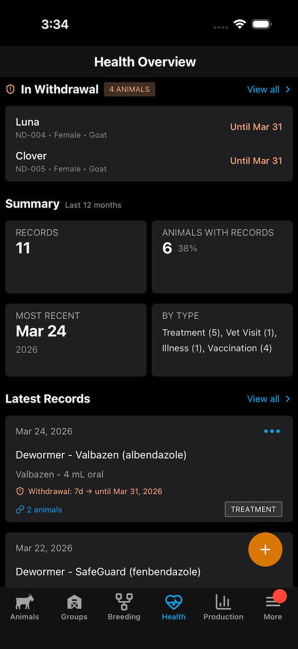 Health overview with treatment records and withdrawal period flags