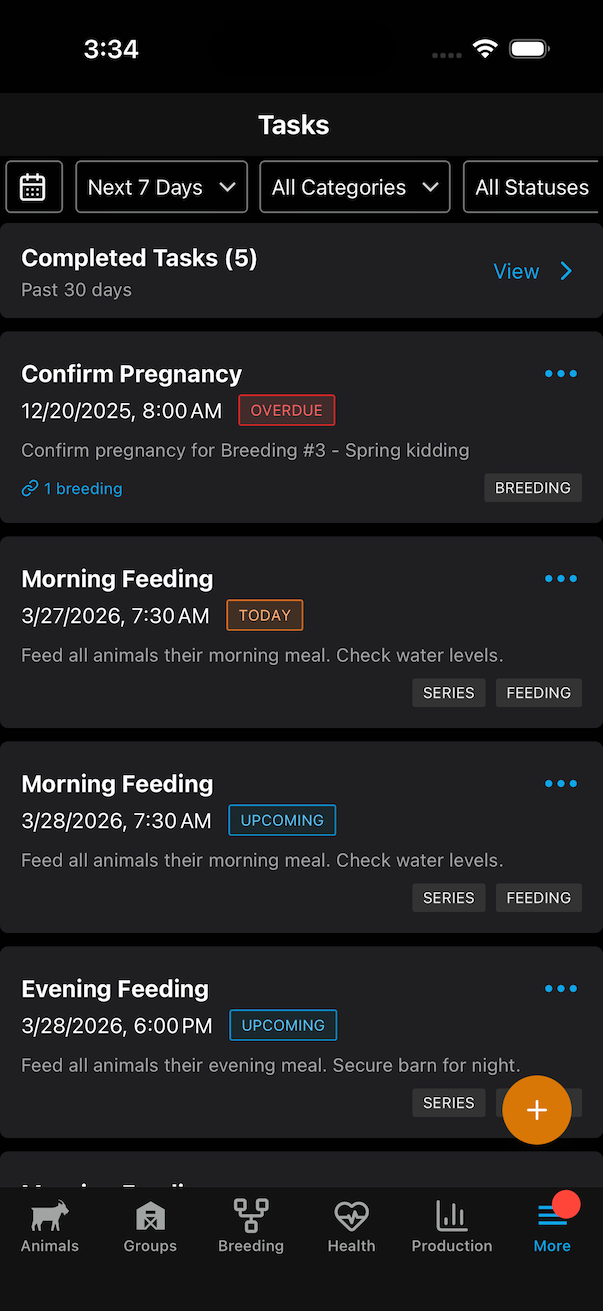 Task list with upcoming farm actions and reminders