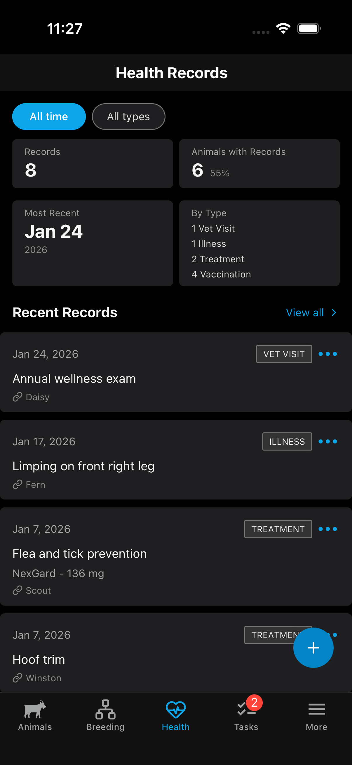 Health dashboard with record types and history